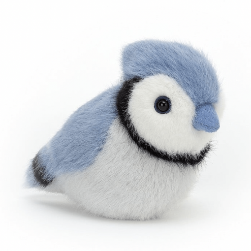 Petit oiseau bleu de la marque Jellycat mesurant 10x7cm. Son bec est bleu et son ventre est blanc. Son dos est bleu.