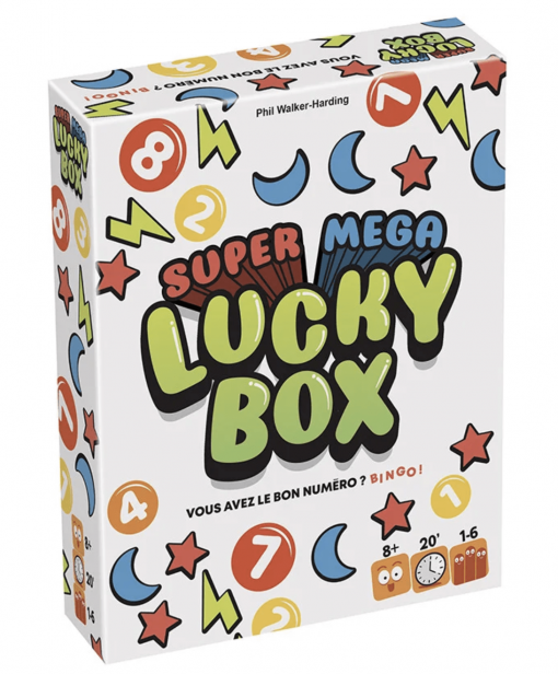 Super Mega Lucky Box est un jeu d'ambiance et de combinaison. On tire des cartes avec des numéros, dévoilez les chiffres un par un, et rayez les cases correspondantes sur vos cartes. De 1 à 6 joueurs. Dès 8 ans.