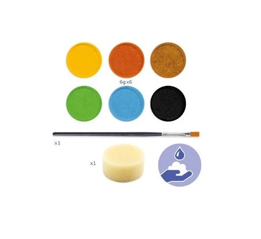 palette de maquillage 6 couleurs avec une éponge et un pinceau de chez djeco