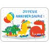 Cette carte postale avec l'inscription "Joyeux anniversaire" est illustrée de dinosaures qui font du skateboard.