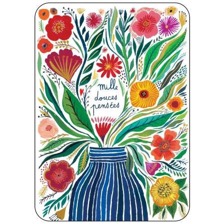 Cette carte postale est illustrée d'un vase rempli d'un bouquet de feuillages et de fleurs aux reflets dorés et du texte "mille douces pensées".